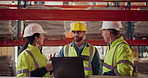 Teamwork, laptop and business people in warehouse, engineering and cooperation with planning. Group, employees or inspector with computer, internet or online schedule with logistics, storage or talk