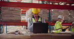 Businessman, contractor and thinking with laptop in warehouse for supply chain, logistics or storage control. Man, employee or industrial engineer in wonder on computer for production or distribution