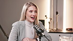 Mic, podcast and woman with discussion in interview for recording, information or guest on talk show. Broadcast, happy and person with technology for celebrity update, live stream or content creation