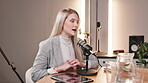 Mic, podcast and woman with tech in interview for online news, information and guest on talk show. Broadcast, people and host with discussion for celebrity update, content creation and live streaming