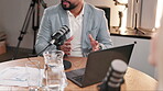 Hands, laptop and microphone with influencer person in recording studio for live radio broadcast. Channel, media and news with talk show presenter streaming subscription service content on air