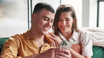 Phone, happy couple and laugh in home for comedy, meme or reading email together to relax. Mobile, funny man and woman on website for joke, online blog and social media on internet app in living room