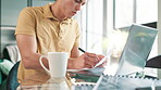 Coffee, documents and laptop with junior accountant in office for administration or bookkeeping. Accounting, computer and finance with assistant bookkeeper in workplace for bank reconciliation