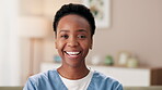Happy, black woman and face in retirement home as caregiver for health, wellness and professional for assisted living. Female nurse, confident and pride for medical support and healthcare service.