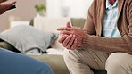 Hands, senior man and stress with caregiver at house for consultation, test results and medical of healthcare. Elderly, patient and nurse for counselling, support and retirement crisis of wellness