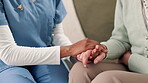 Nurse, man and elderly care on sofa with hands, healthcare and support or wellness in apartment together. Woman, lounge and trust or professional in retirement home, caregiver and comfort gesture
