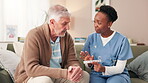 Senior man, medicine and nurse for healthcare, therapy and healing with choice and information in home. Elderly care, pills and caregiver for health management, wellness and medical prescription