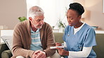 Health, senior man and nurse with medication on sofa for wellness, explain or illness management. Help, caregiver and elderly patient with pills for supplement, vitamins or support in retirement home