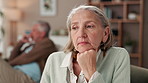 Senior couple, anxiety and sad in home for marriage crisis, toxic relationship or frustrated at husband. Elderly woman, emotional or depression on sofa for financial stress, loss or silent treatment