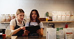 Manager, waitress or tablet in cafe for small business, inventory management or stock check. Women, barista or server on touchscreen technology for hospitality industry, menu order or quality control