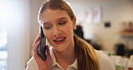 Phone call, waitress and woman in restaurant for online order, food delivery or coffee takeaway. Small business, cafe and barista speaking to client for discussion, digital sale or customer service