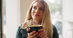 Woman, drinking coffee and thinking in cafe for relax with aroma, daydreaming and morning routine with smile. Person, customer or warm beverage in restaurant or cafeteria for caffeine, break or happy