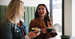 Women, friends and laugh with coffee in cafe for bonding together, happy reunion and support. Smile, female people and latte with silly conversation for gossip, crazy story and relax in restaurant