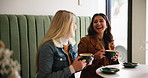 Women, chat and happy in coffee shop for friendship, reunion and lunch break. Girls, talking and drink in cafe for bonding, communication and relationship development with latte in small business