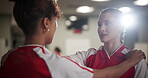 Conversation, soccer player women and support in locker room for game, match or sports. Encouragement, exercise and fitness with football friends speaking for competition, motivation or teamwork