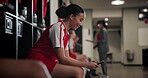 Phone, soccer player or girl in locker room for game, competition or texting in online chat. Social media news, football career and athlete woman ready to start match or sports practice for fitness
