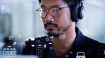 Asian man, headphones and hologram with finance, planning and investment for update system. Person, investor and employee with headset, holographic and internet with thinking, solution and accounting