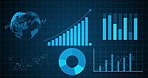 Graphic, pattern and chart with graph for global analytics, statistics or data on a blue background. Holographic icons, shapes or lines with growth or increase of population in economy infrastructure