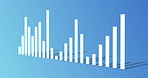 Graphs, finance and growth on graphic by blue background with economy, fintech and data with trading stats. Chart, exchange and stock market for investment, wealth or profit with information display