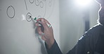 Black man, football coach and writing with whiteboard for game plan, strategy or discussion on formation. Closeup or hands of mentor or sports trainer teaching on passing, attack or defense for match