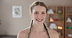 Smile, calm and face of woman in yoga studio for fitness, body and spiritual balance with health. Happy, peace and portrait of female person from Australia in zen space for wellness exercise.