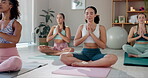 Class, meditation and women for wellness with namaste, holistic and inner peace with breathing indoor. Mindfulness center, females yogi and praying hands for yoga, mental health and healing with calm