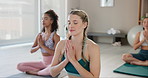 Yoga, prayer and women breathe for class for wellness, health and mindfulness in studio. Friends, pilates and group of people for exercise, training and meditation for calm, balance and workout