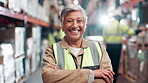 Mature, warehouse and face of happy woman with arms crossed with cargo supply, freight or shipping storage. Portrait, courier or confident factory worker with smile in wholesale supplier or plant