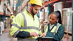 Delivery, tablet or people planning in warehouse for logistics to check safety, manufacturing or order. Inventory, help or teamwork on touchscreen app for supply chain, inspection or stock in factory