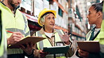 Teamwork, planning and discussion with tablet in warehouse for inspection, freight distribution or service delivery. Logistics, supervisor and staff collaboration for inventory management or training