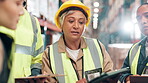 Logistics, teamwork or tablet with discussion in warehouse for inspection, freight distribution or service delivery. Planning, supervisor or stock checklist for inventory management or staff training