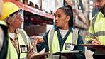 Distribution, teamwork and tablet with discussion in warehouse for inspection, storage control or service delivery. Planning, supervisor and stock checklist for inventory management or staff training