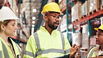 Storage, tablet or people in factory discussion for logistics to check safety, manufacturing or order. Inventory, leader or foreman talking to team for supply chain, inspection or stock in warehouse