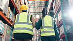 Logistics, discussion and women in warehouse for inspection, planning and quality control from back. Teamwork, supply chain and people in plant together for inventory management in cargo distribution