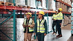 Logistics, inspection and people in warehouse with tablet for online checklist, discussion or inventory management. Teamwork, men and women in factory with digital app planning cargo distribution