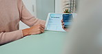 Optometry, phone and hands with payment in store with tablet screen, contactless transaction or NFC. Eye care, people or POS with customer service for healthy vision, easy checkout or retail shopping
