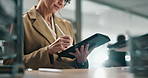 Tablet, pen and businesswoman in office for research on creative project with online notes. Reading, digital technology and female graphic designer with stylus for multimedia art in workplace.