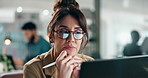 Thinking, pen and businesswoman with tablet in office writing notes for finance chart investment. Idea, digital technology and female financial analyst with stylus for trading candlestick analysis.