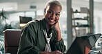 Black woman, face and smile in night at office with laptop for review, development and project at company. Person, happy and computer for typing, job and pride for problem solving at creative agency