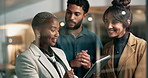 Woman, man and group with tablet at office in night with discussion for ideas, brainstorming and solution. People, diversity and scrum with touchscreen for app, feedback and review at creative agency