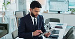 Business, search and businessman in office with tablet, online schedule or checking email for website review. Planning, scroll and man on digital app reading report for risk management at consultancy