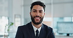 Face, happy and business man in office for corporate pride, opportunity or expert experience. Portrait, confident professional and employee, entrepreneur or financial planner smile in suit in Brazil