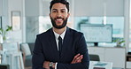 Face, arms crossed and business man in company for corporate pride, opportunity or expert experience. Portrait, confident professional and employee, entrepreneur or salesman smile in suit in Brazil