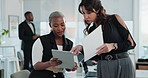 Meeting, tablet and business women with documents for discussion, collaboration and teamwork. Corporate, diversity and people on digital tech and paperwork for research project, website and feedback