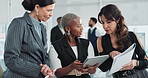 Office, tablet and business people with documents for discussion, collaboration and teamwork. Corporate, meeting and women on digital tech and paperwork for research project, website and feedback