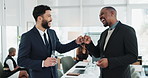 Happy, business people or friends fist bump for thank you or collaboration success or agreement together. Lawyers, smile or attorney with partnership support, teamwork or trust in legal deal victory