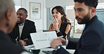 Business people, group or clapping hands with congratulations in office for company target, sales growth or success. Finance team, applause and document for partnership deal, achievement or diversity