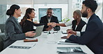 Deal, meeting and group of business people shaking hands for collaboration, negotiation or introduction in office. Men, women and handshake for b2b agreement, acquisition or success with team support