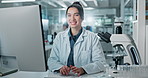 Science, laboratory and face of woman on computer for medical study, online research and website. Healthcare, biotechnology and portrait of scientist for vaccine development, experiment and report