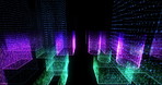 Grid, connection and 3d matrix by black background for future, color and neon with graphic for IT. Digital transformation, light and system on cyber network with geometric pattern for virtual tech